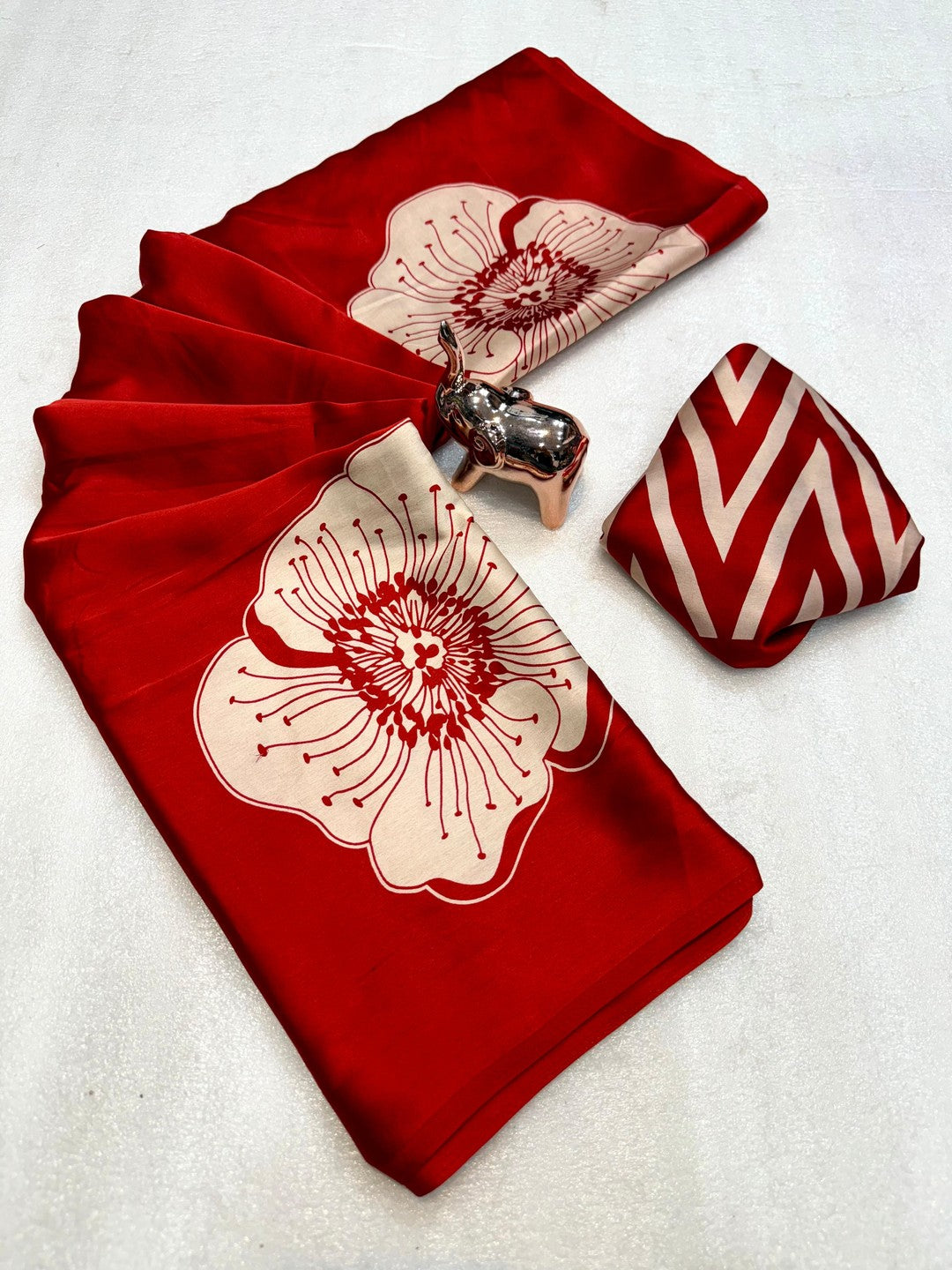 Timeless elegance in this red satin saree adorned with delicate floral prints. - Image 3