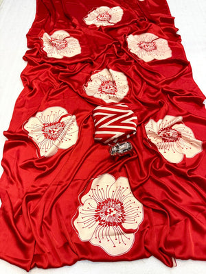 Timeless elegance in this red satin saree adorned with delicate floral prints. - Image 2
