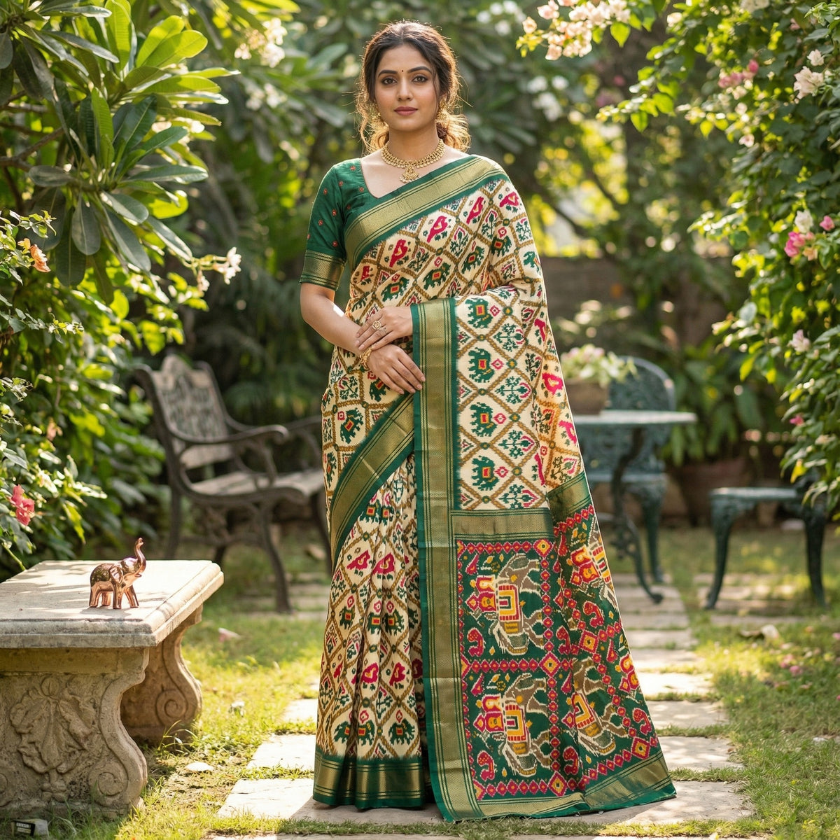 Elegant Cream & Green Ikkat Print Dola Silk Saree with Elephant Motifs - Image 1