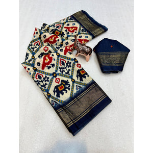 Elegant Cream & Blue Ikkat Print Dola Silk Saree with Elephant Motifs - Image 2