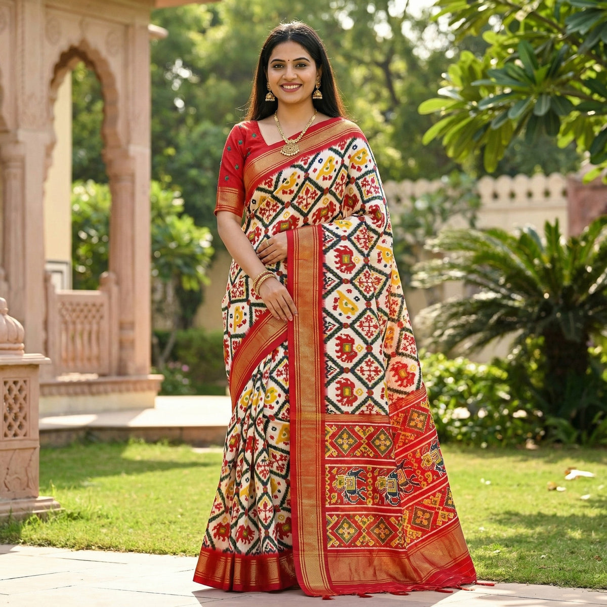Elegant Cream & Red Ikkat Print Dola Silk Saree with Elephant Motifs - Image 1