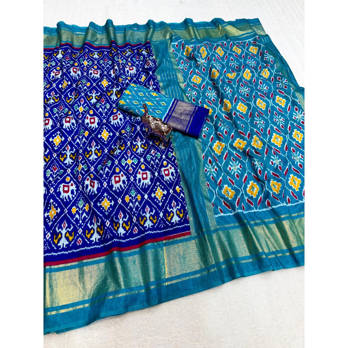 Royal Blue Ikkat Print Dola Silk Saree Highlighted with an Elegant Zari Border - Image 3