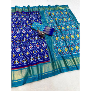 Royal Blue Ikkat Print Dola Silk Saree Highlighted with an Elegant Zari Border - Image 2