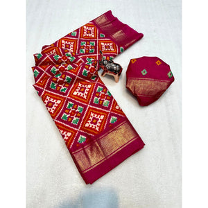 Pink Ikkat Print Dola Silk Saree Highlighted with an Elegant Zari Border - Image 3