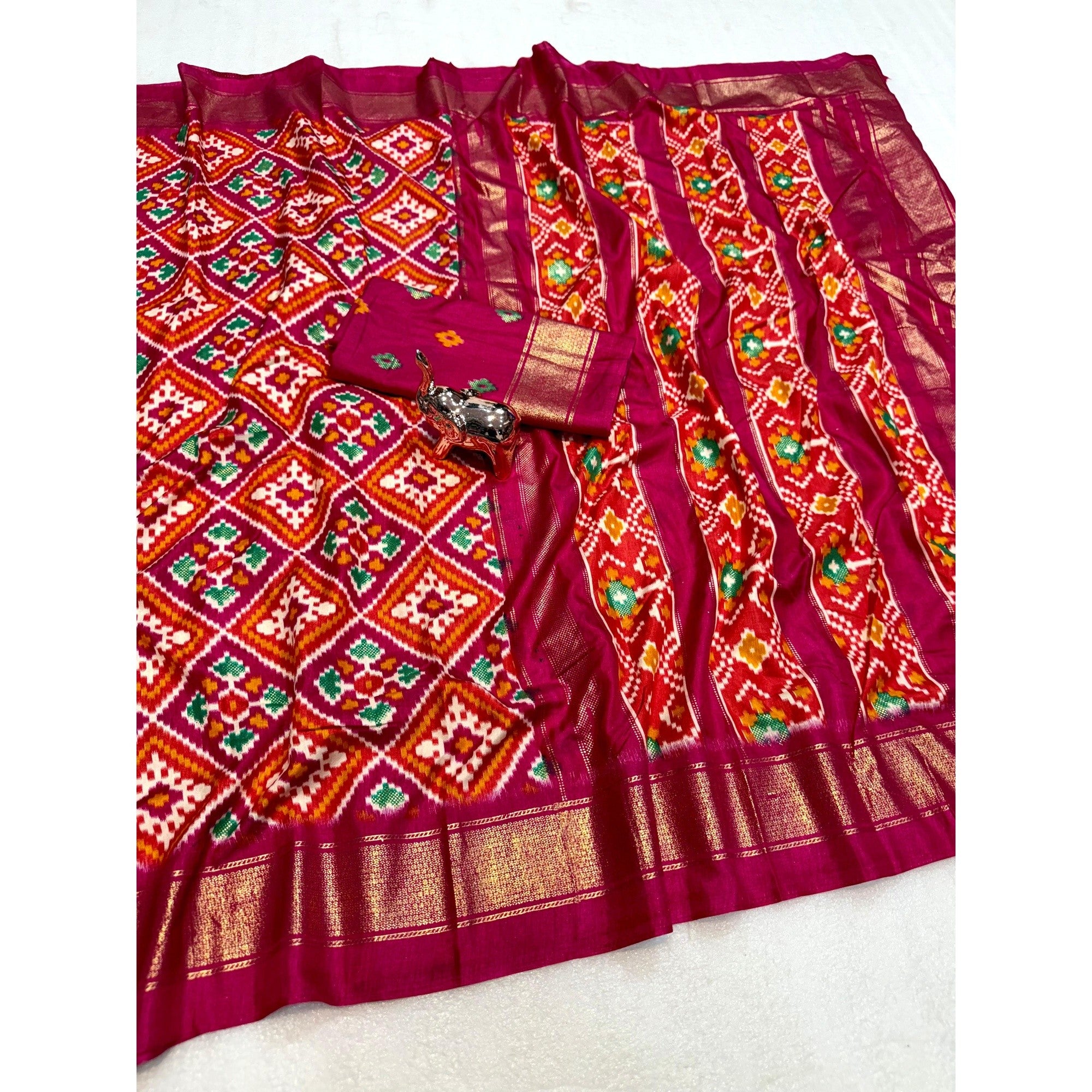 Pink Ikkat Print Dola Silk Saree Highlighted with an Elegant Zari Border - Image 3