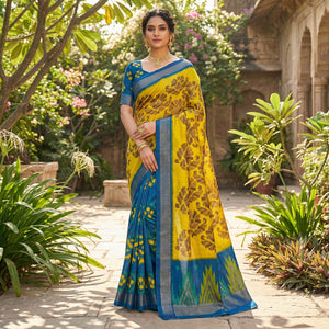 Yellow & Blue Ikkat Woven Dola Silk Saree Accented with Zari Border - Image 1