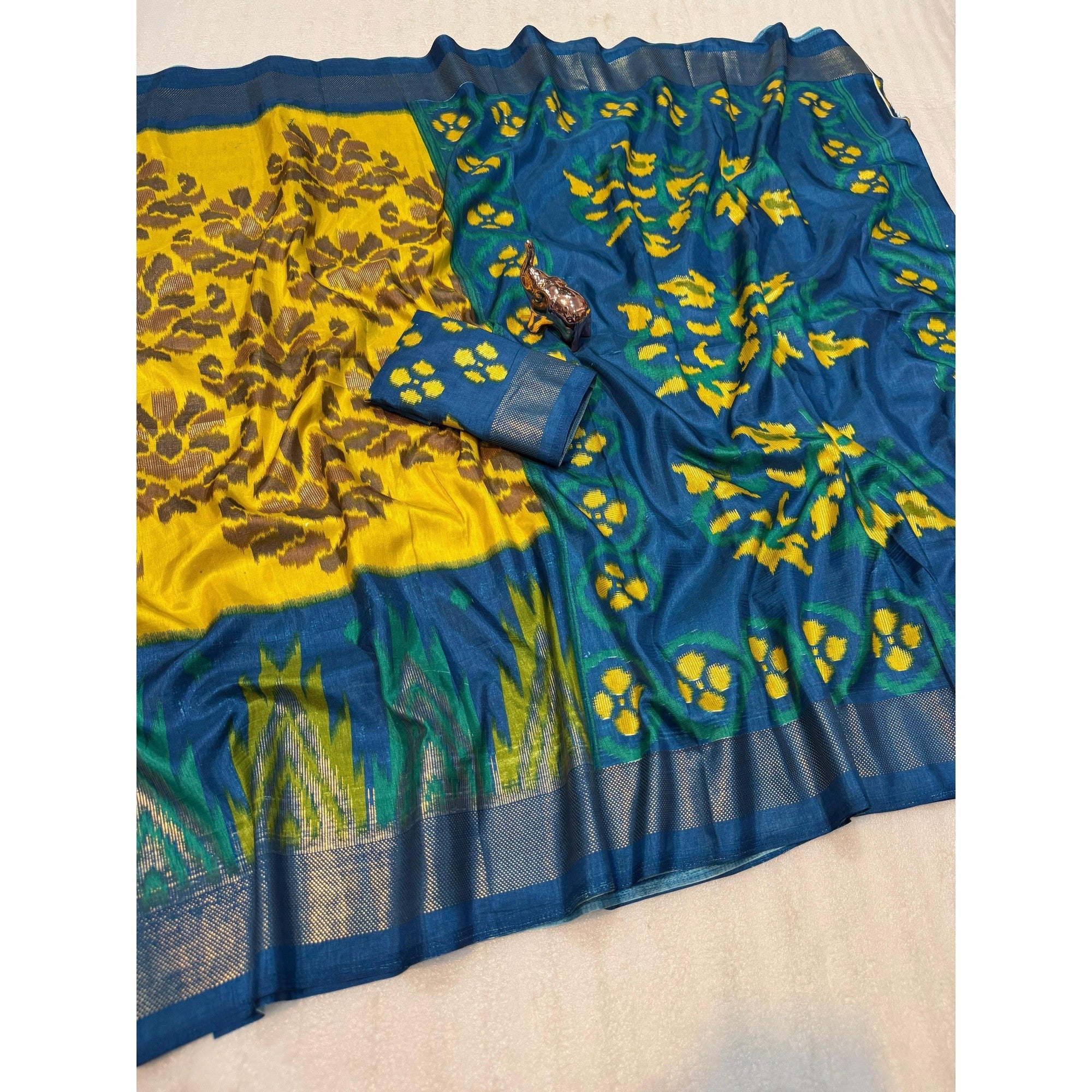 Yellow & Blue Ikkat Woven Dola Silk Saree Accented with Zari Border - Image 2