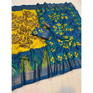 Yellow & Blue Ikkat Woven Dola Silk Saree Accented with Zari Border - Image 2