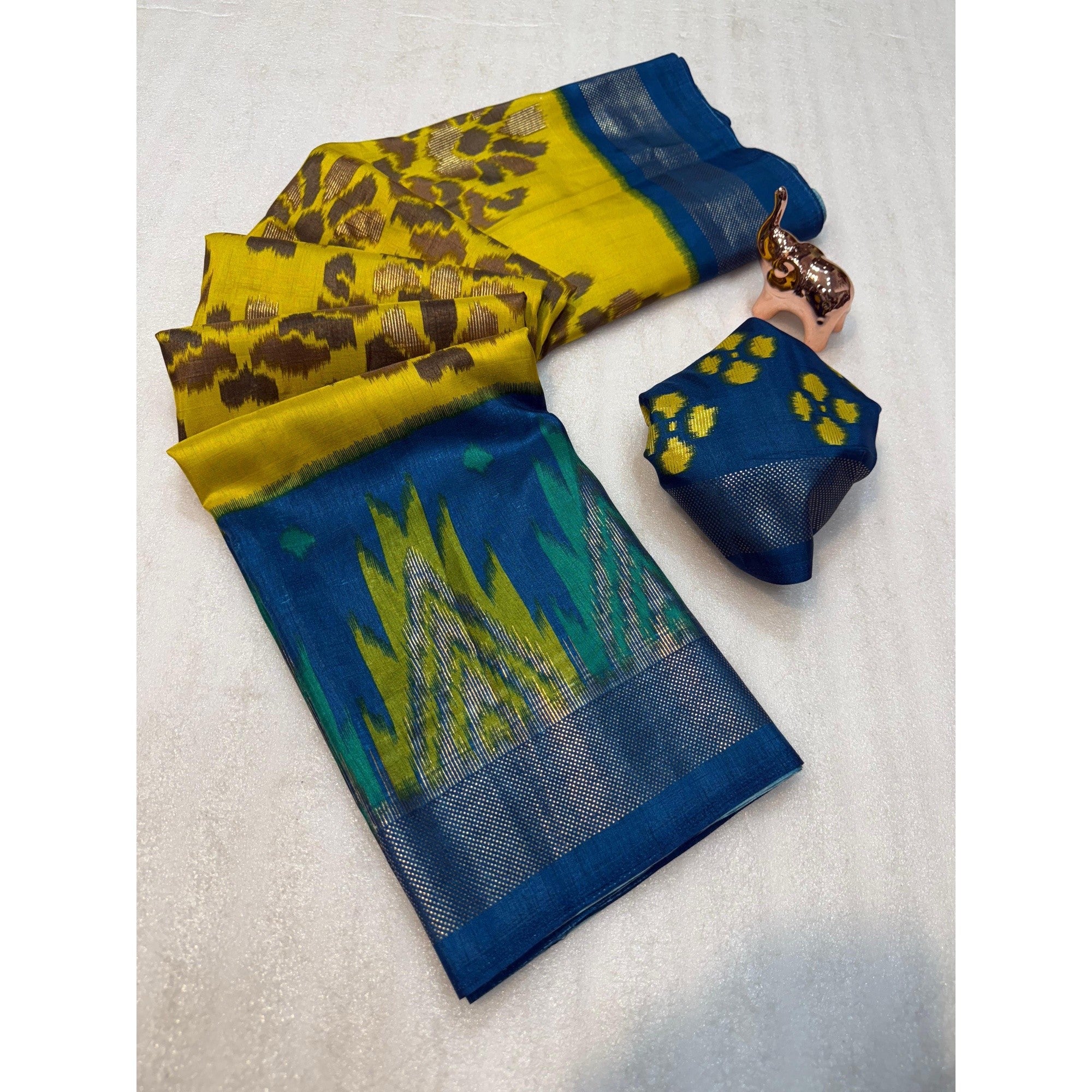 Yellow & Blue Ikkat Woven Dola Silk Saree Accented with Zari Border - Image 3
