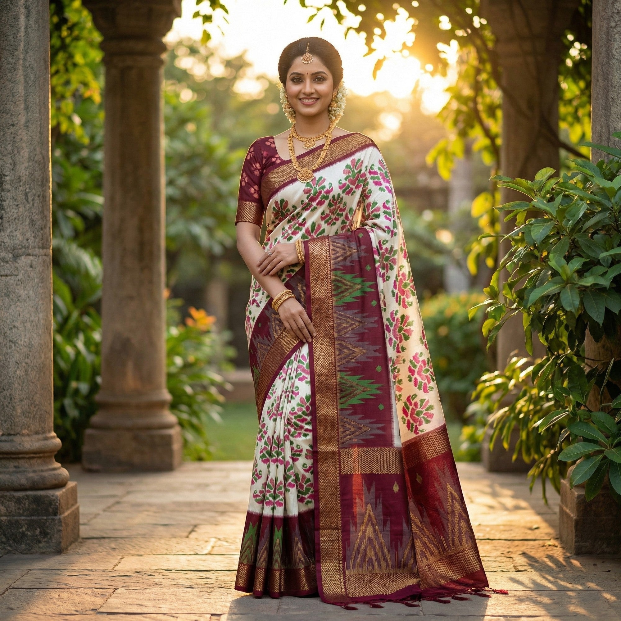 Cream & Wine Ikkat Woven Dola Silk Saree Accented with Zari Border - Image 1