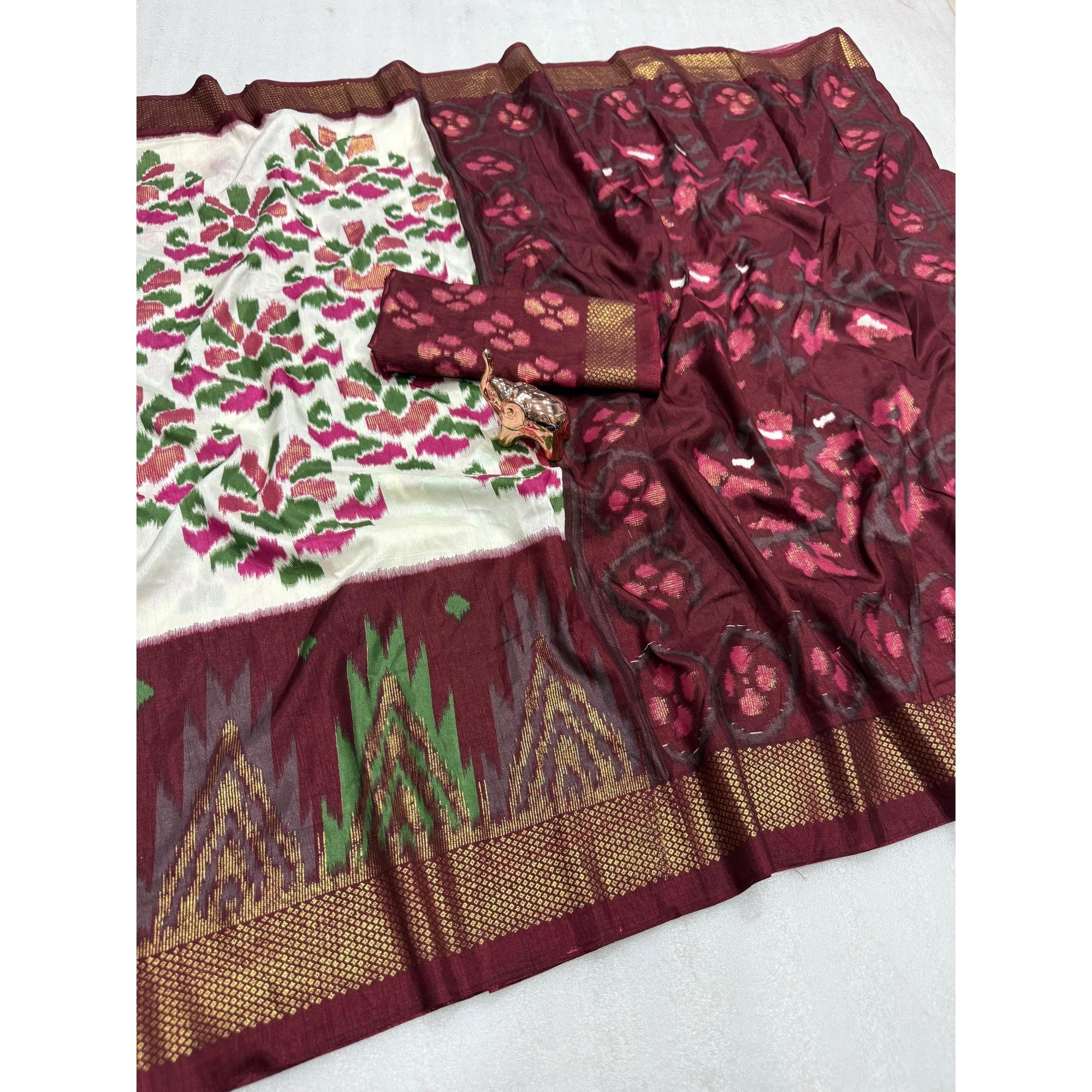Cream & Wine Ikkat Woven Dola Silk Saree Accented with Zari Border - Image 3