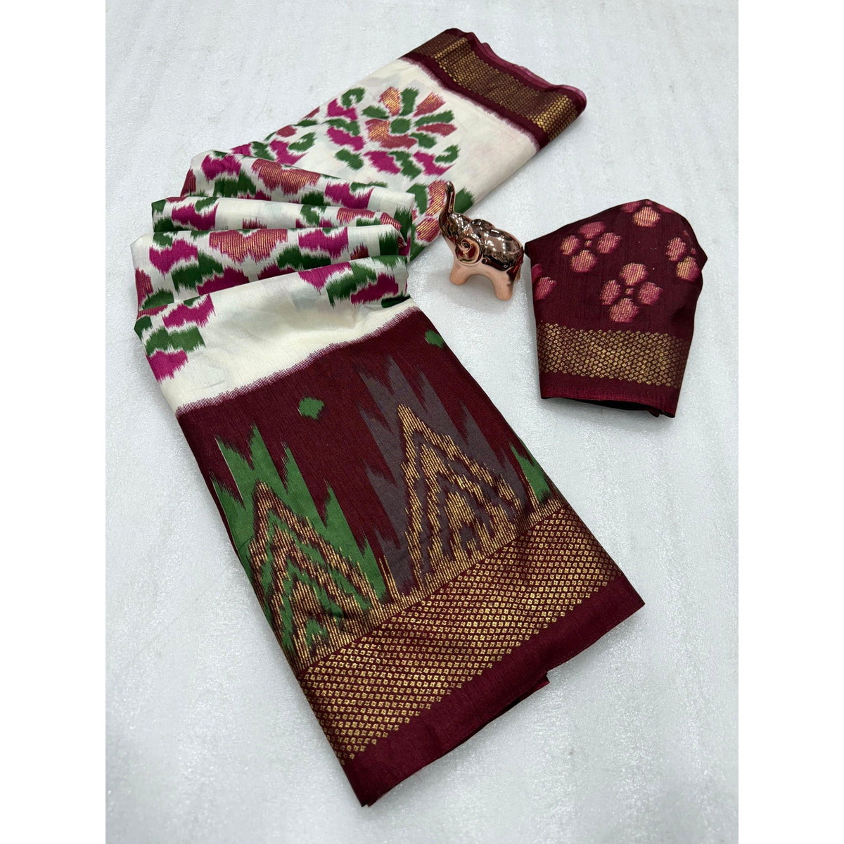 Cream & Wine Ikkat Woven Dola Silk Saree Accented with Zari Border - Image 3