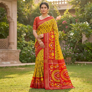 Yellow & Red Ikkat Woven Dola Silk Saree Accented with Zari Border - Image 1
