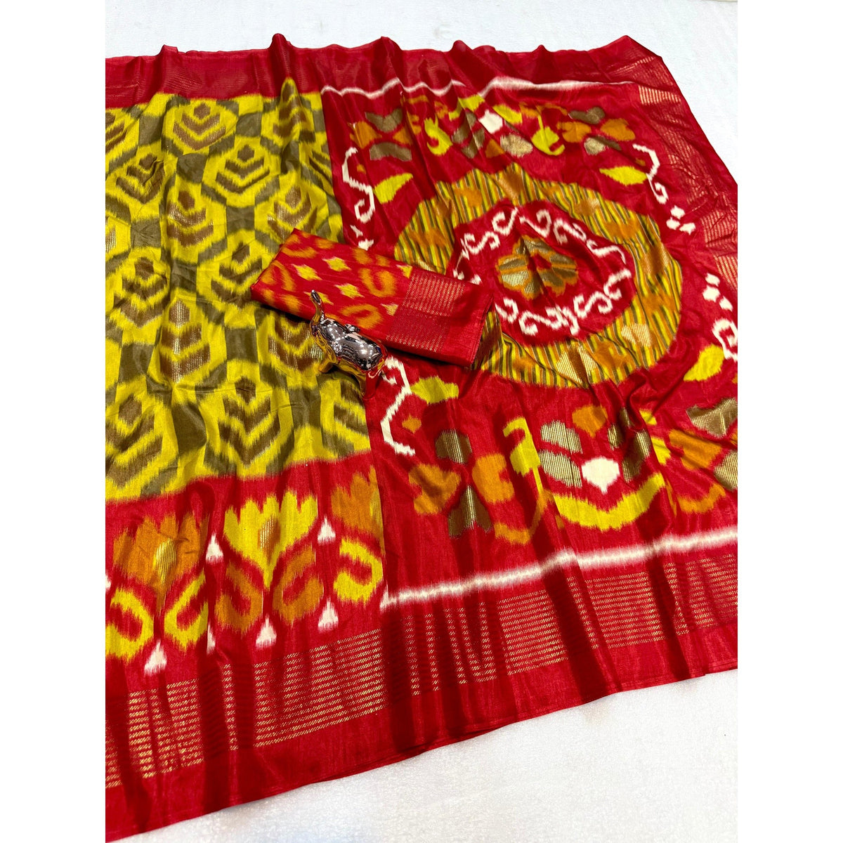 Yellow & Red Ikkat Woven Dola Silk Saree Accented with Zari Border - Image 2