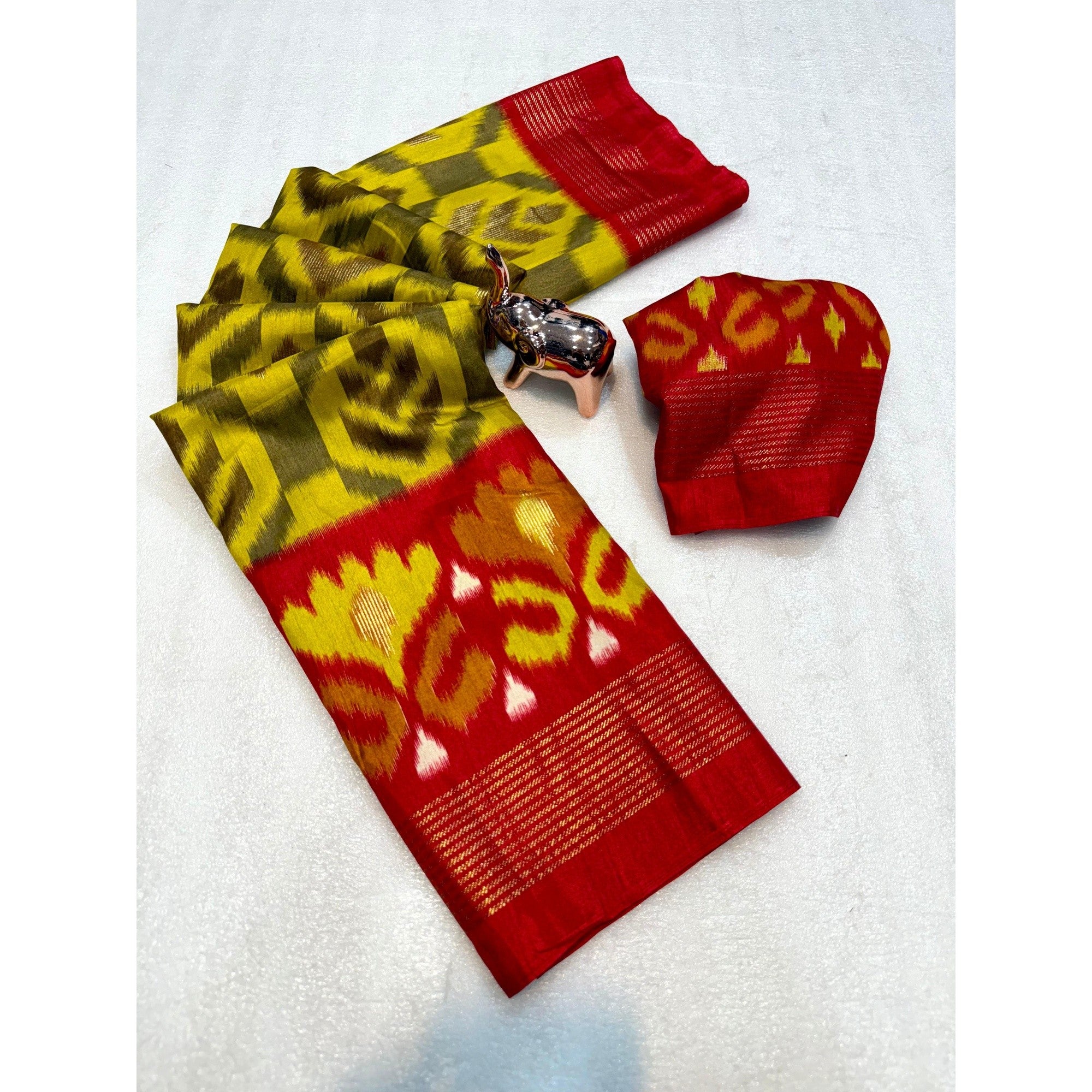 Yellow & Red Ikkat Woven Dola Silk Saree Accented with Zari Border - Image 3