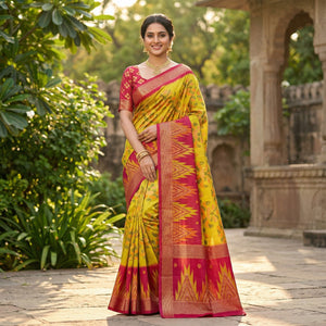 Yellow & Pink Ikkat Woven Dola Silk Saree Accented with Zari Border - Image 1