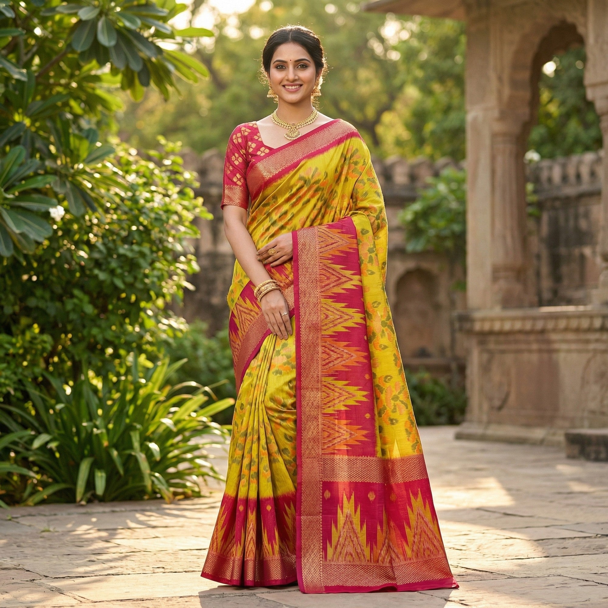 Yellow & Pink Ikkat Woven Dola Silk Saree Accented with Zari Border - Image 1