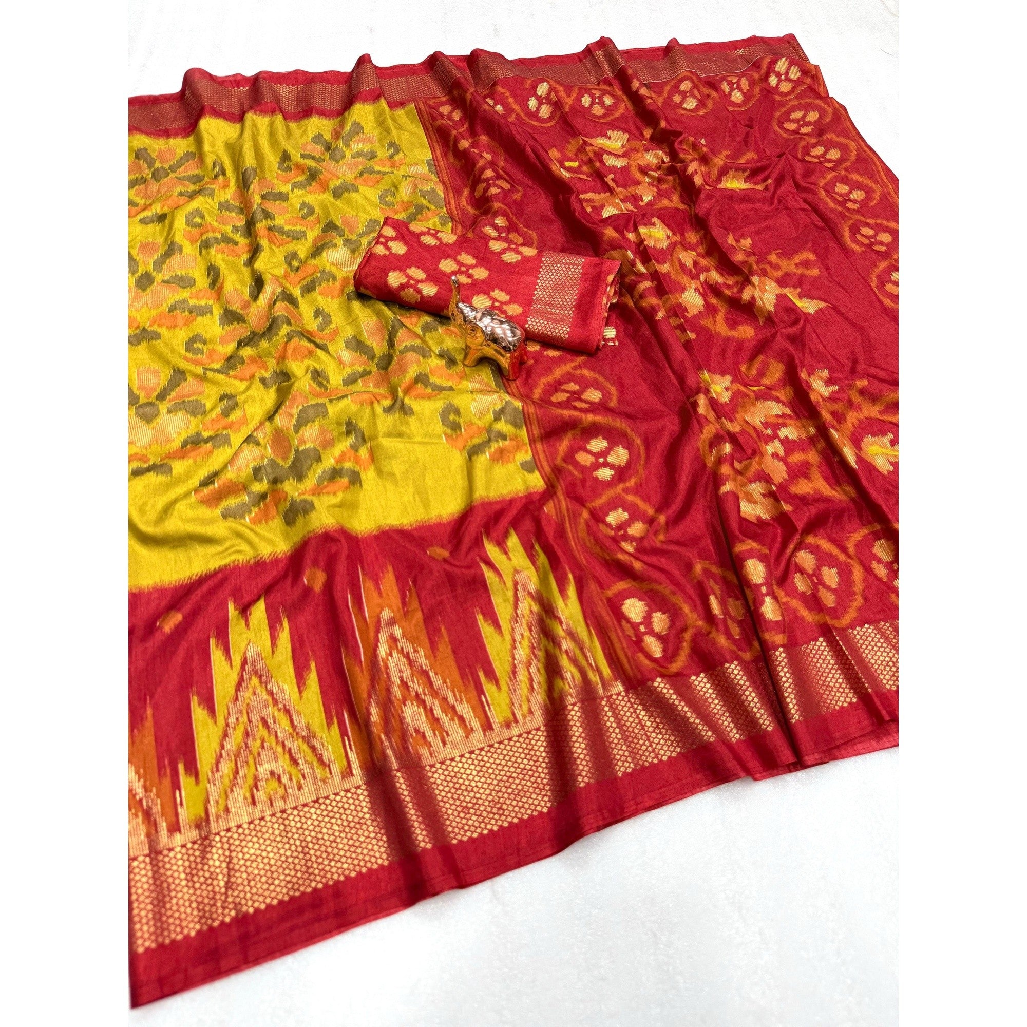 Yellow & Pink Ikkat Woven Dola Silk Saree Accented with Zari Border - Image 2