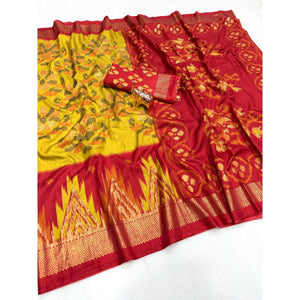 Yellow & Pink Ikkat Woven Dola Silk Saree Accented with Zari Border - Image 2