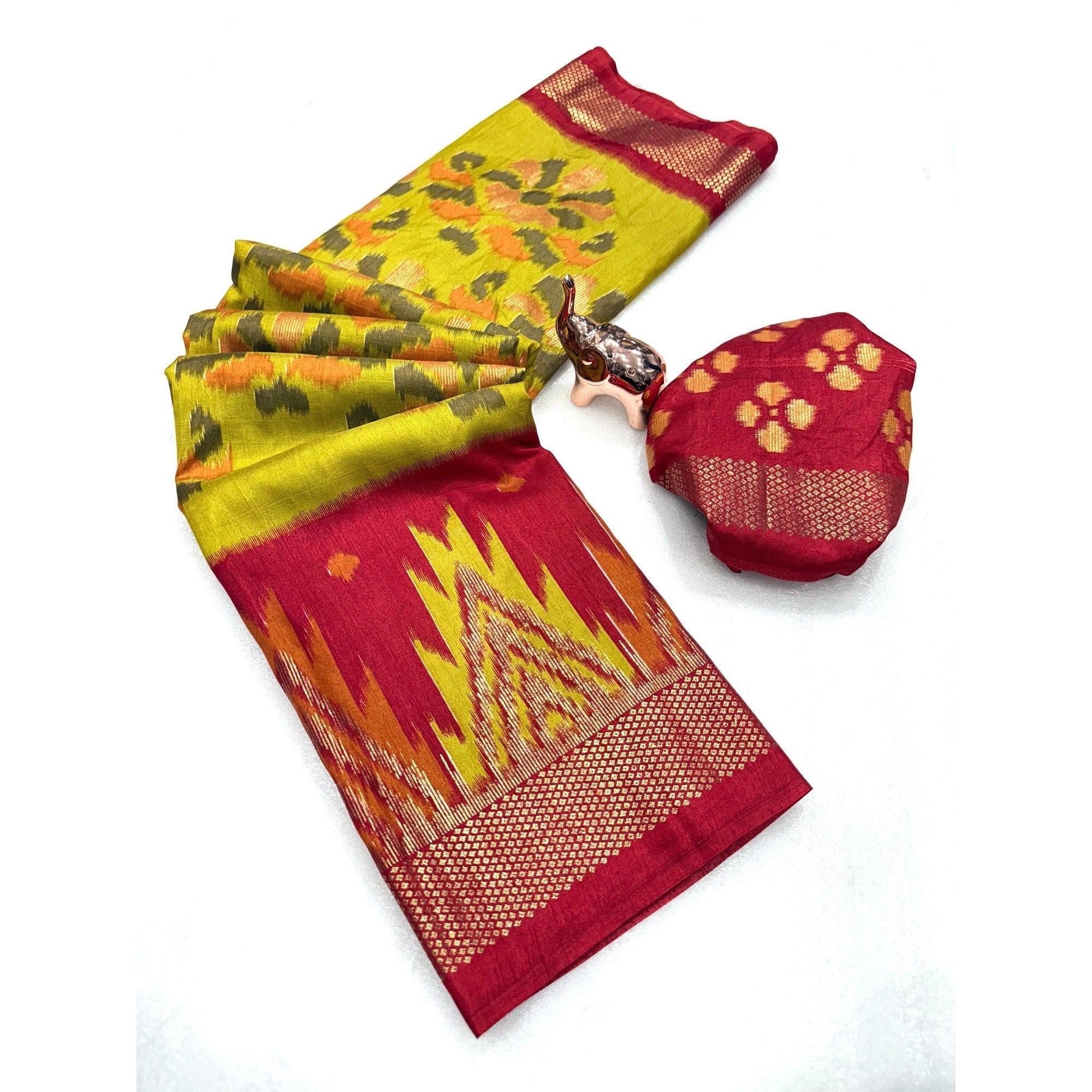 Yellow & Pink Ikkat Woven Dola Silk Saree Accented with Zari Border - Image 3