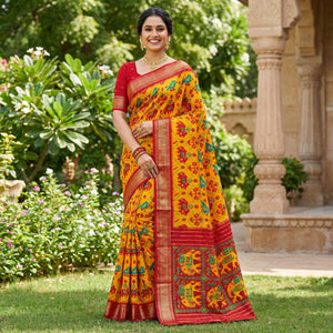 Vibrant Mustard & Red Ikkat Woven Saree in Dola Silk with Zari Edging - Image 1