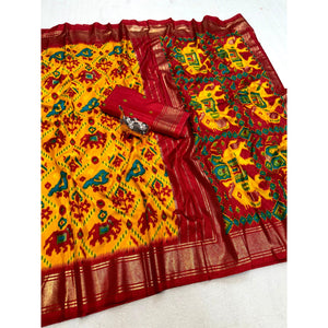 Vibrant Mustard & Red Ikkat Woven Saree in Dola Silk with Zari Edging - Image 2
