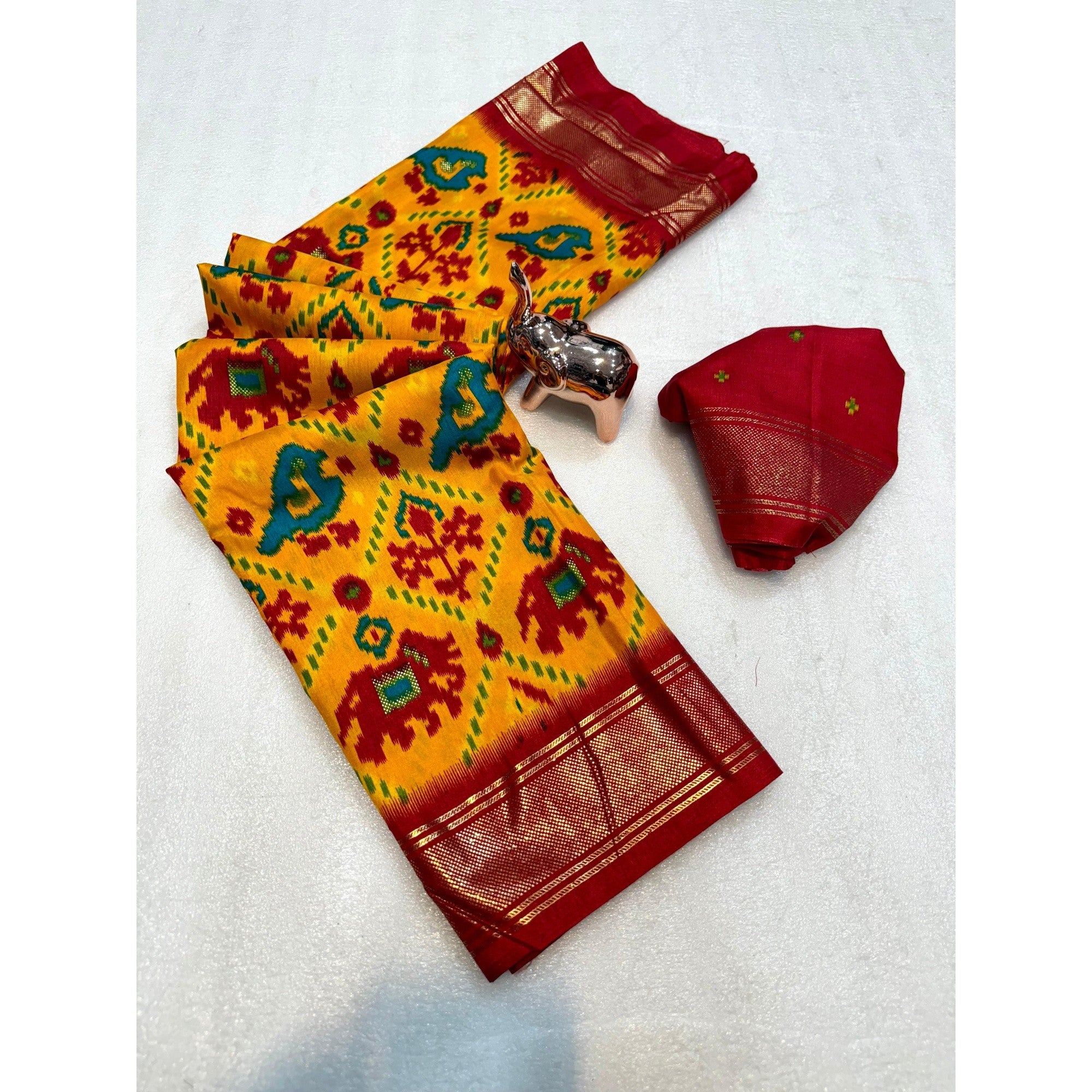 Vibrant Mustard & Red Ikkat Woven Saree in Dola Silk with Zari Edging - Image 3