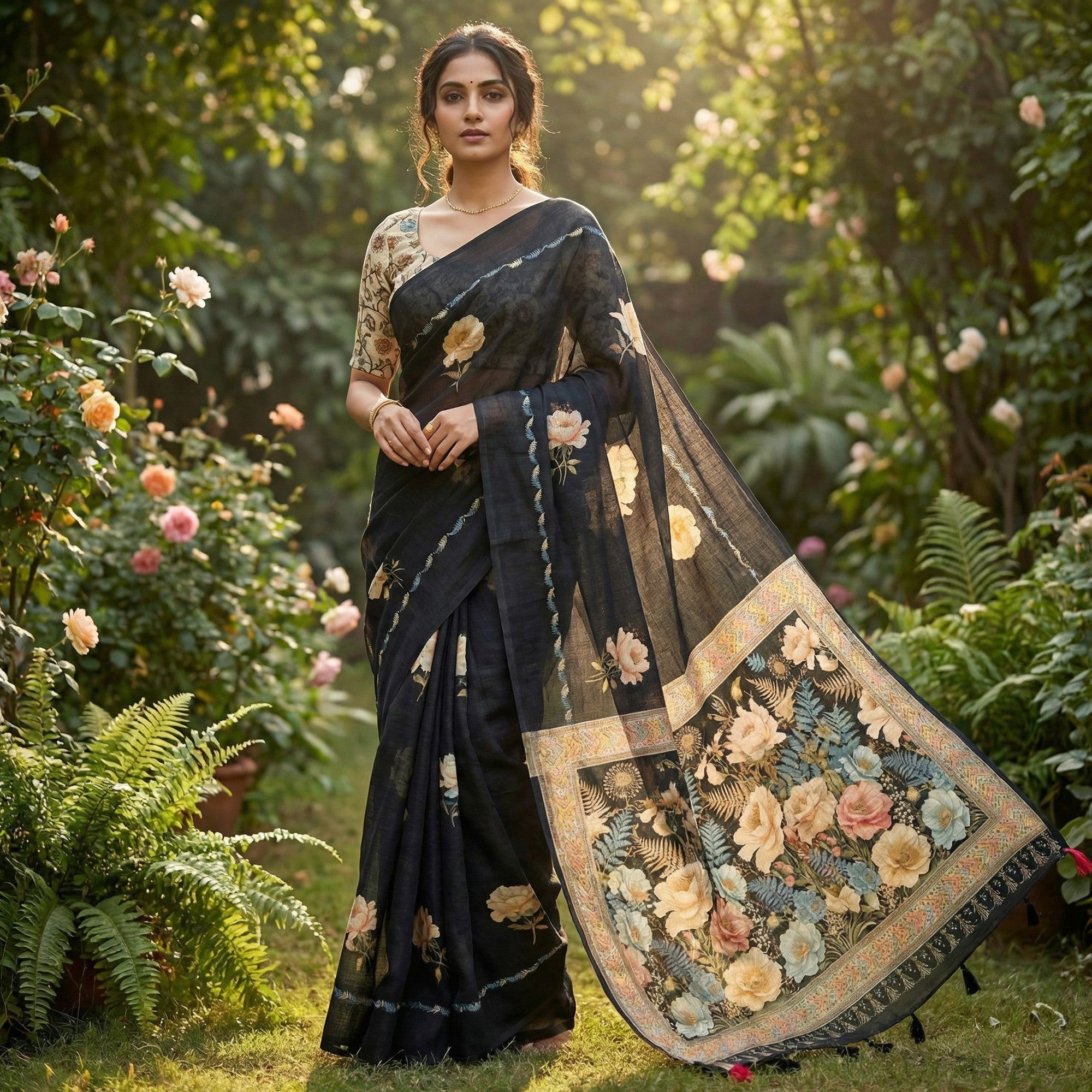 Elegant Black Linen Saree with Floral Print and Border Detail - Image 1