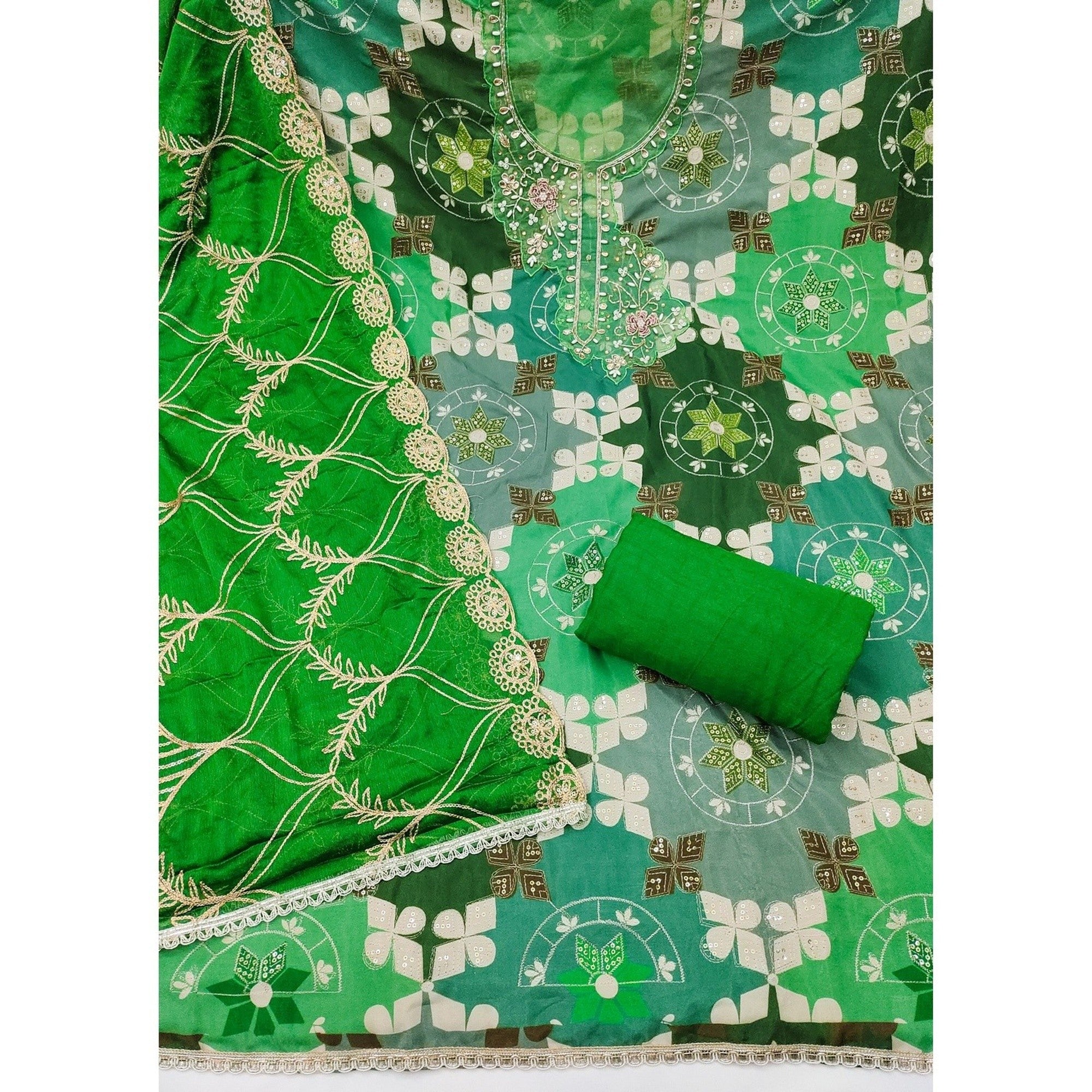 Elegant Green Sequins Embroidered Cotton Silk Dress Material With Digital Print & Moti Handwork - Image 3