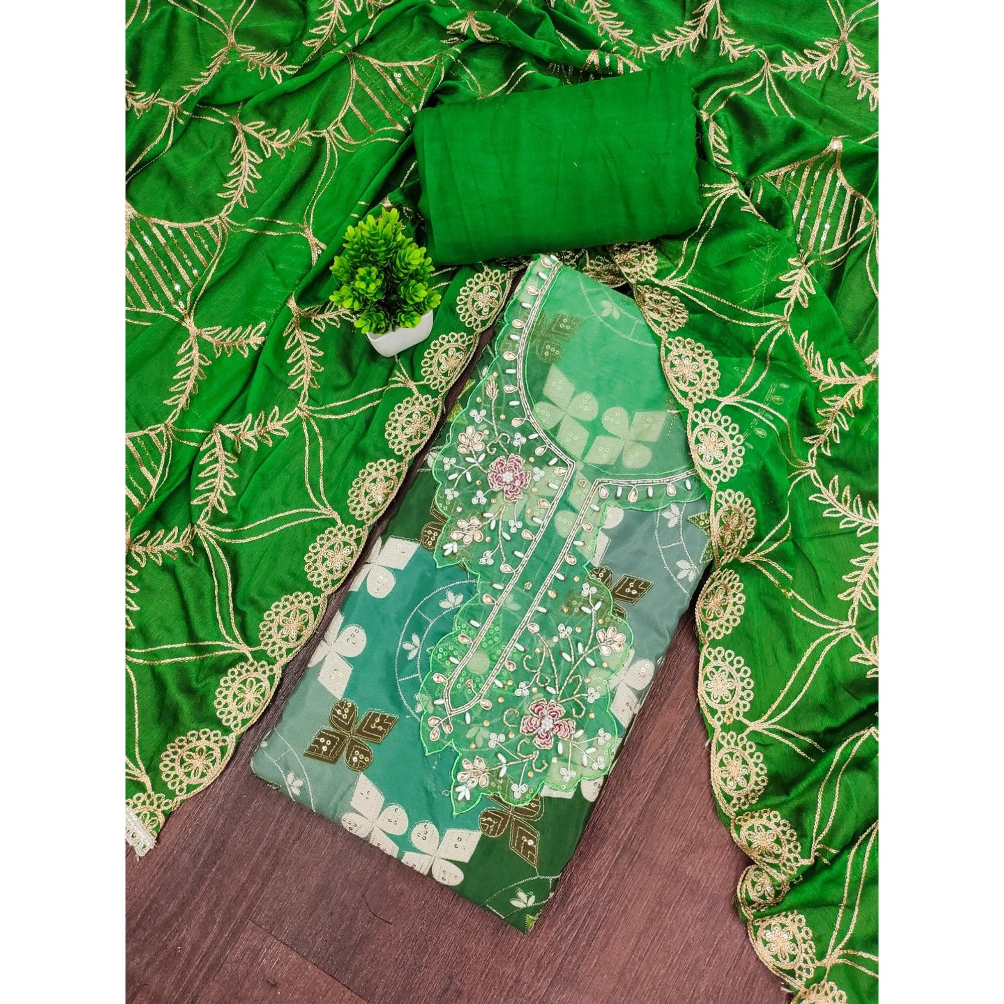 Elegant Green Sequins Embroidered Cotton Silk Dress Material With Digital Print & Moti Handwork - Image 1