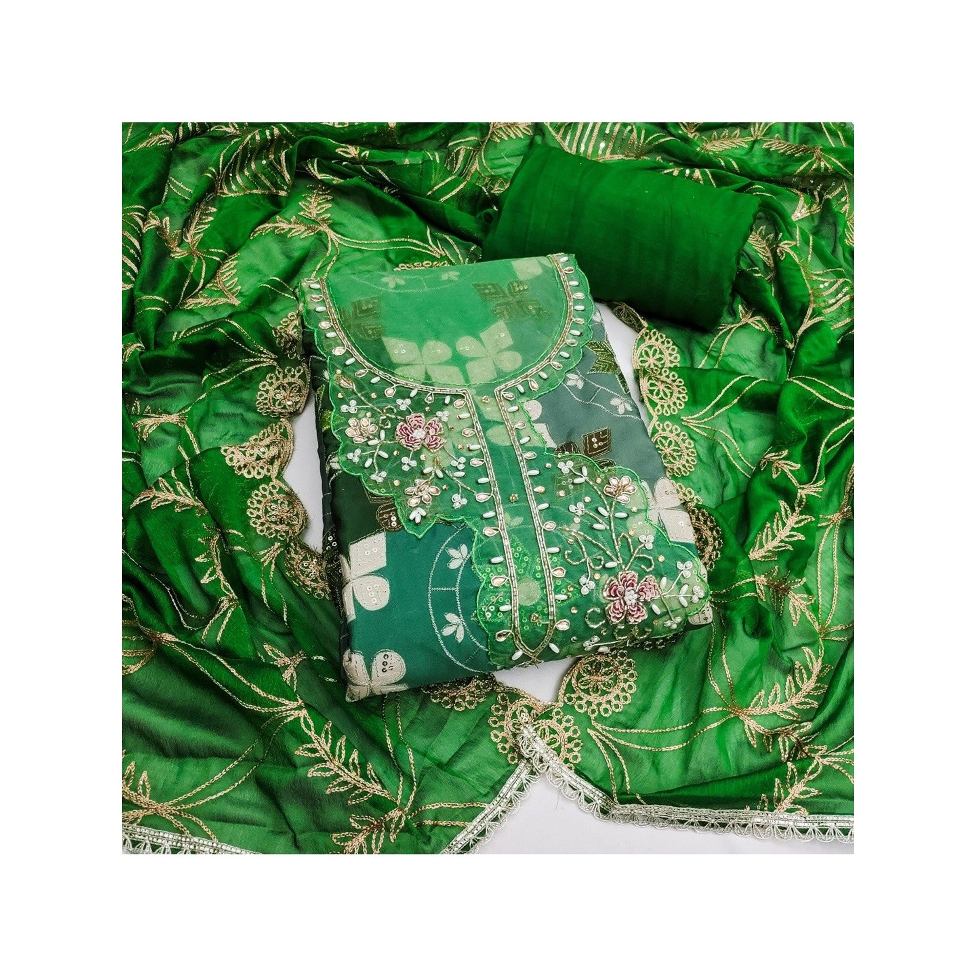 Elegant Green Sequins Embroidered Cotton Silk Dress Material With Digital Print & Moti Handwork - Image 4