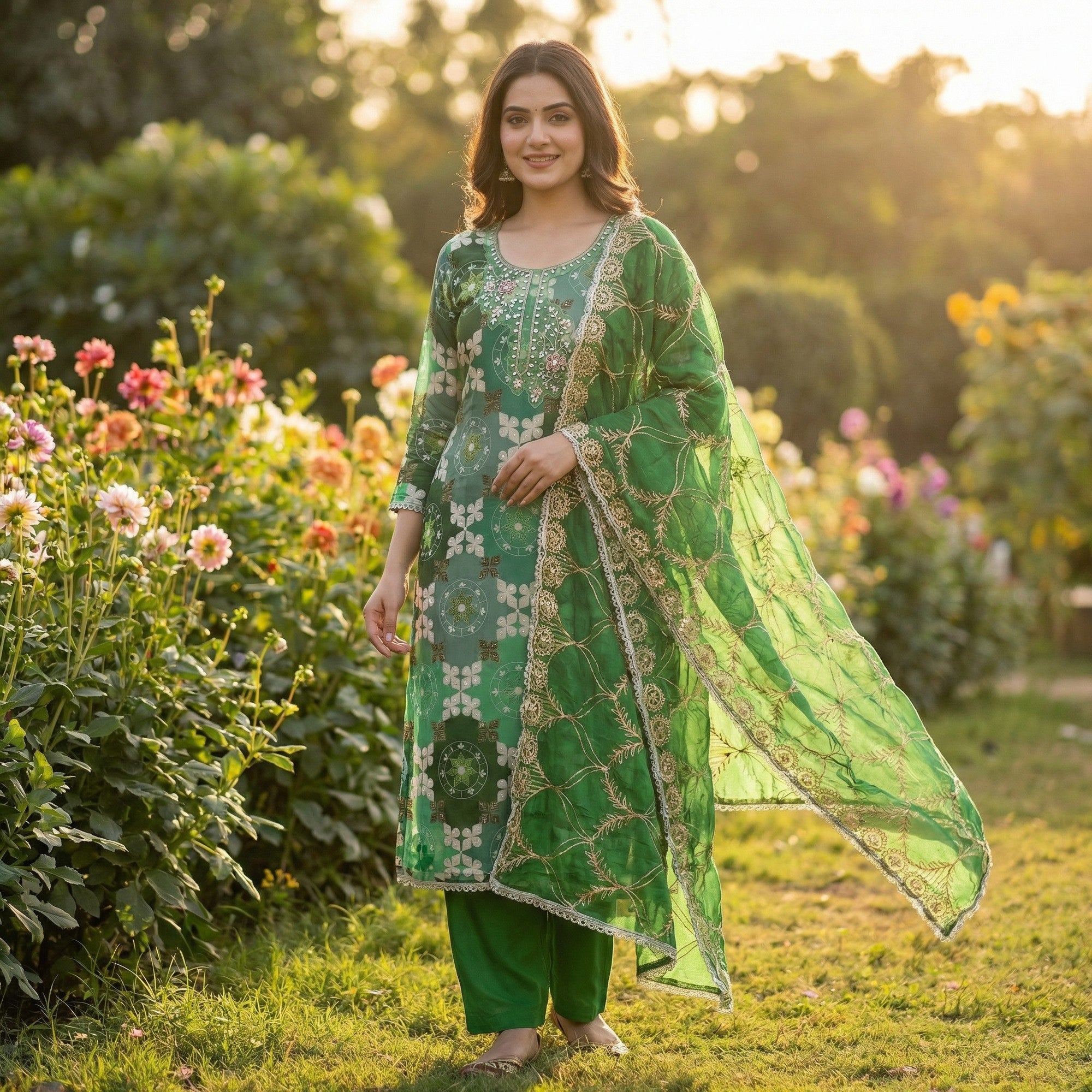 Elegant Green Sequins Embroidered Cotton Silk Dress Material With Digital Print & Moti Handwork - Image 2