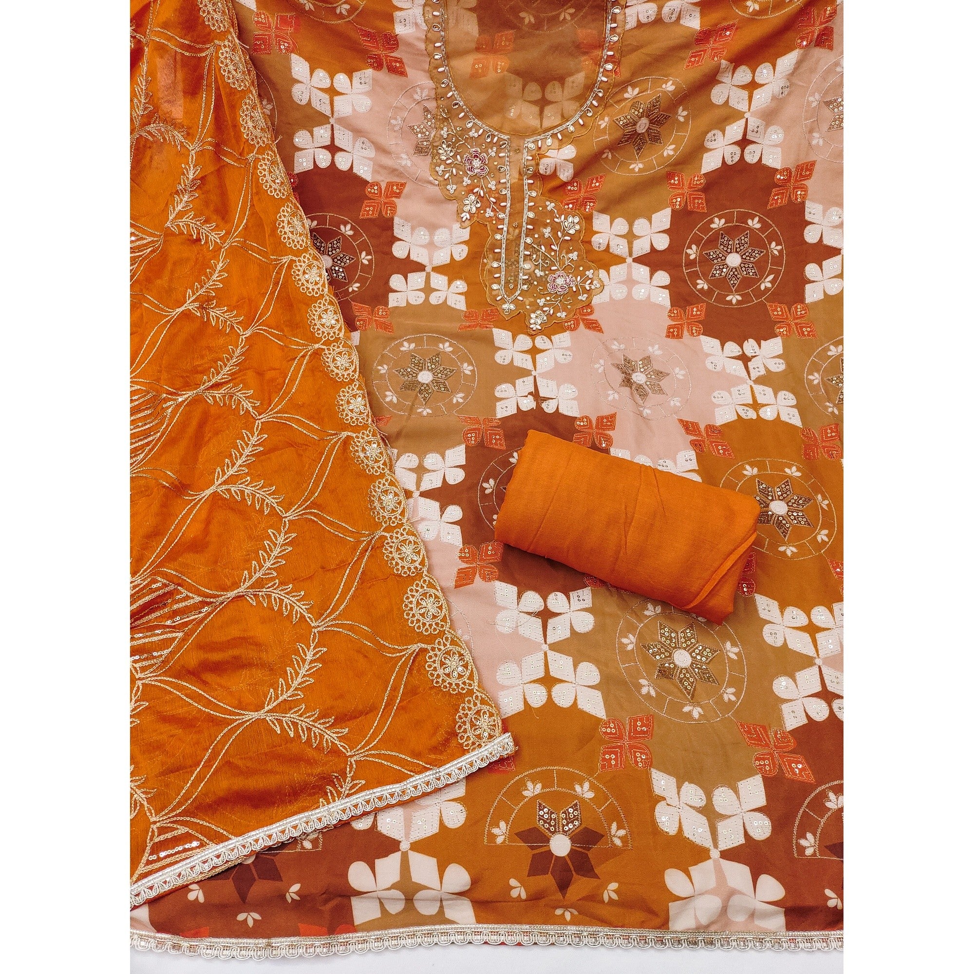 Elegant Orange Sequins Embroidered Cotton Silk Dress Material With Digital Print & Moti Handwork - Image 3
