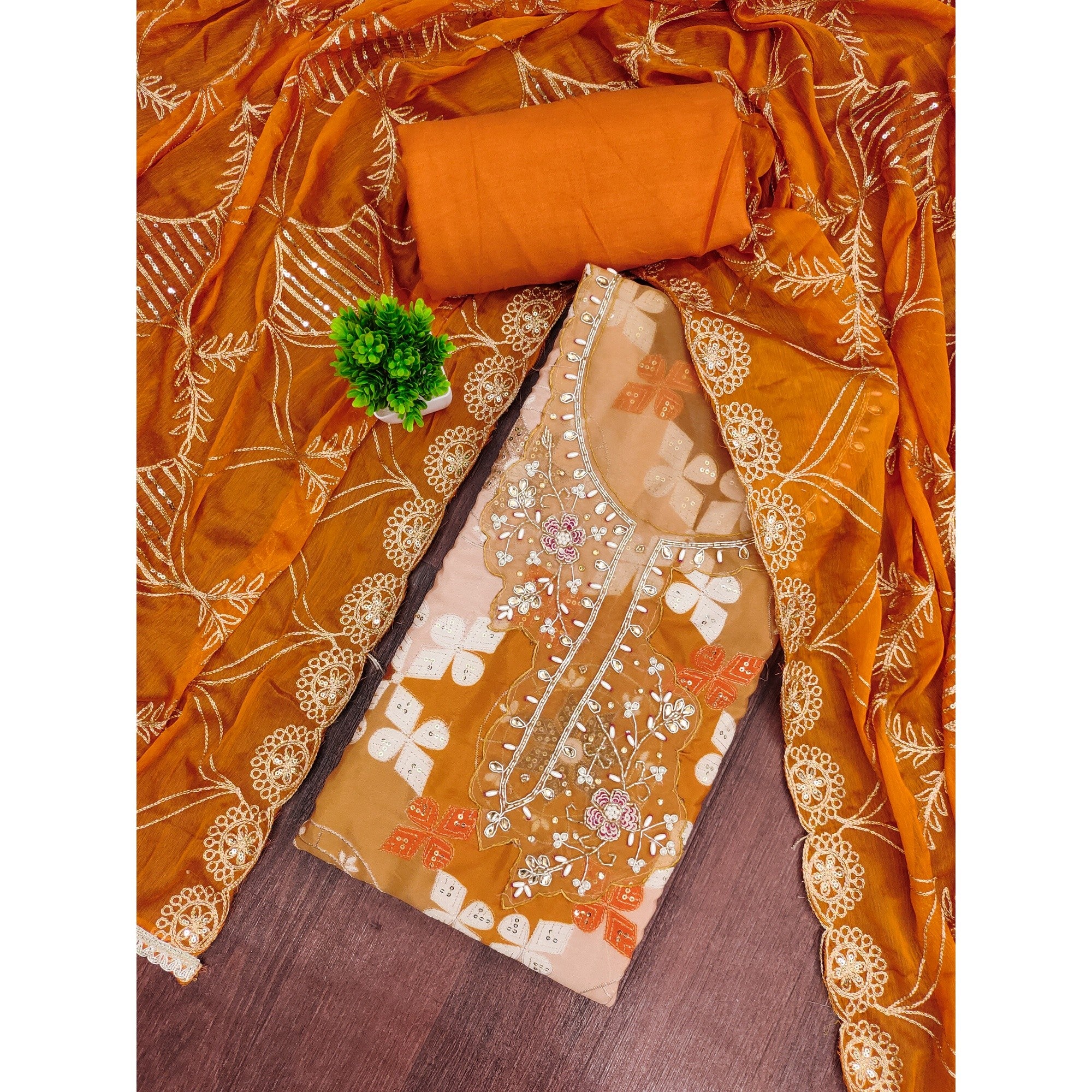 Elegant Orange Sequins Embroidered Cotton Silk Dress Material With Digital Print & Moti Handwork - Image 4