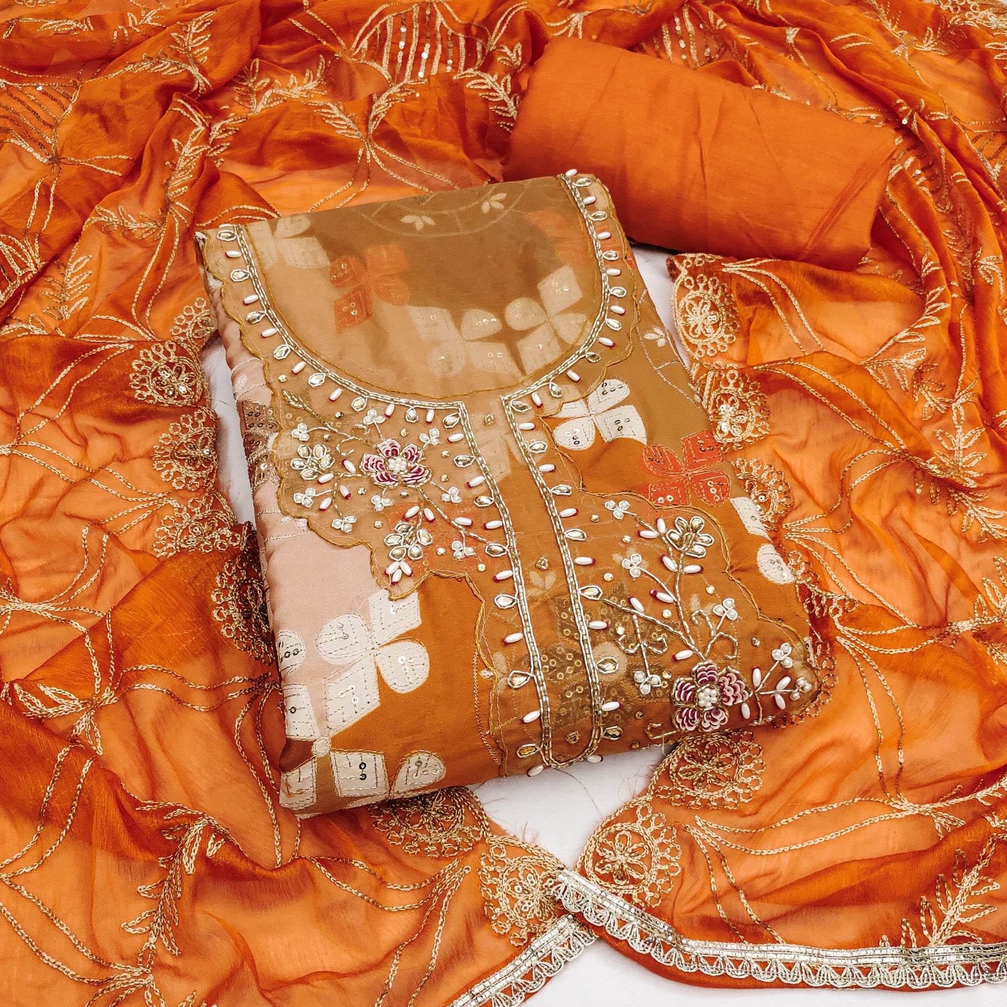 Elegant Orange Sequins Embroidered Cotton Silk Dress Material With Digital Print & Moti Handwork - Image 1
