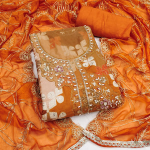Elegant Orange Sequins Embroidered Cotton Silk Dress Material With Digital Print & Moti Handwork - Image 1