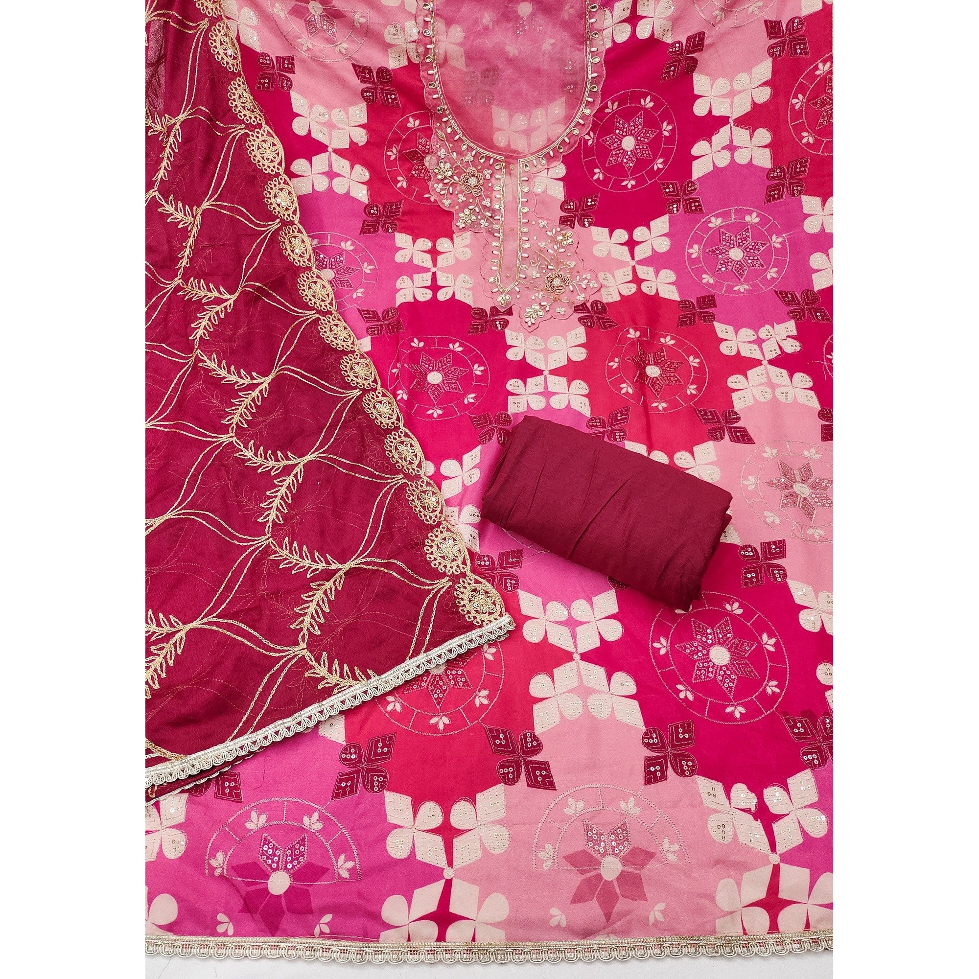 Elegant Pink Sequins Embroidered Cotton Silk Dress Material With Digital Print & Moti Handwork - Image 4