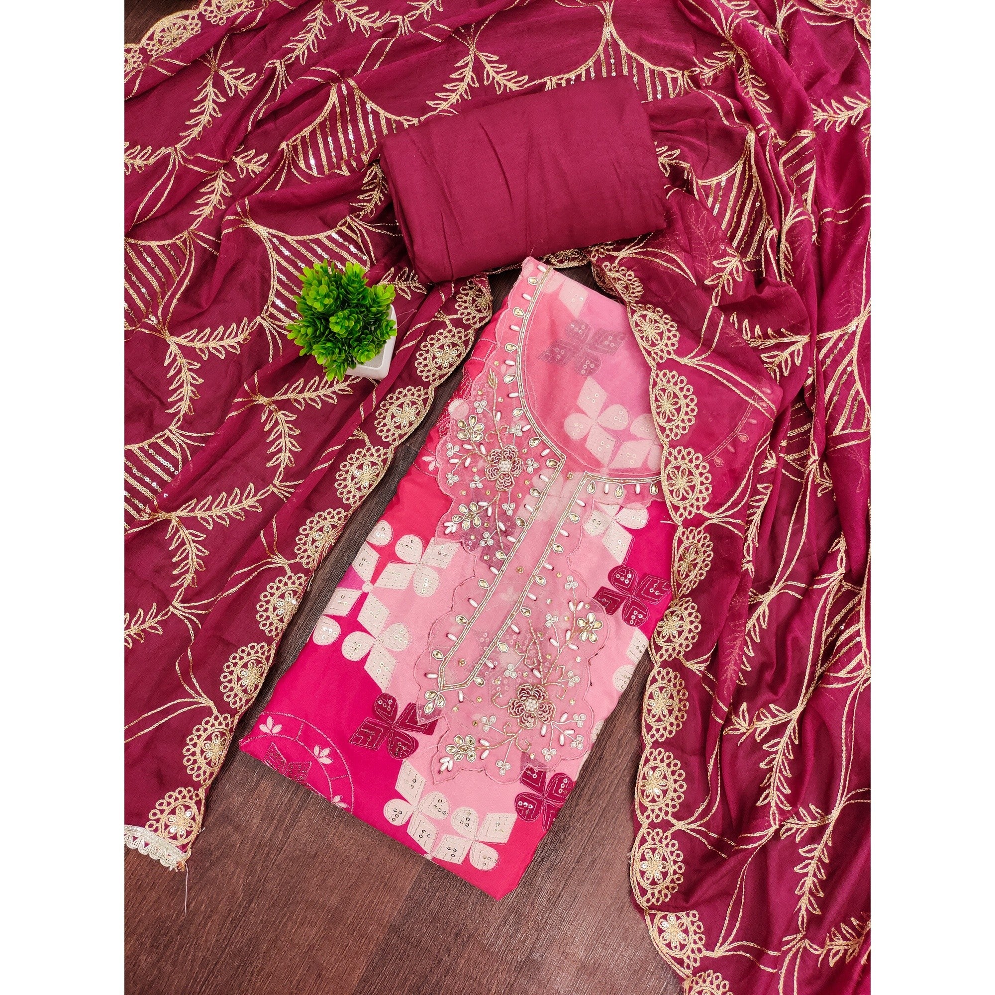 Elegant Pink Sequins Embroidered Cotton Silk Dress Material With Digital Print & Moti Handwork - Image 3
