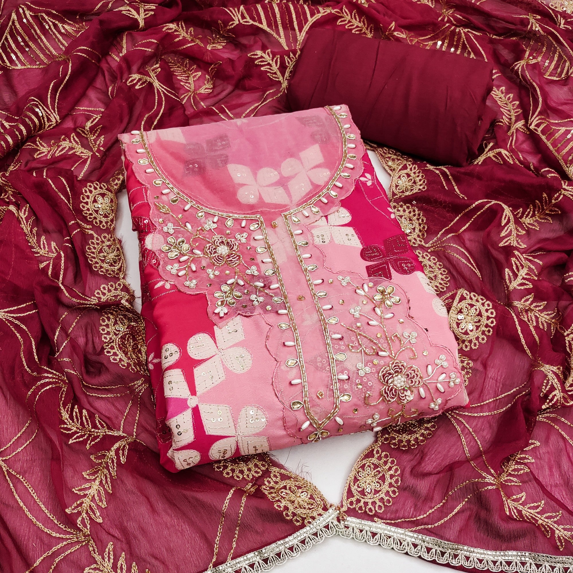 Elegant Pink Sequins Embroidered Cotton Silk Dress Material With Digital Print & Moti Handwork - Image 1