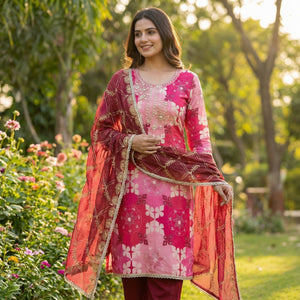 Elegant Pink Sequins Embroidered Cotton Silk Dress Material With Digital Print & Moti Handwork - Image 1