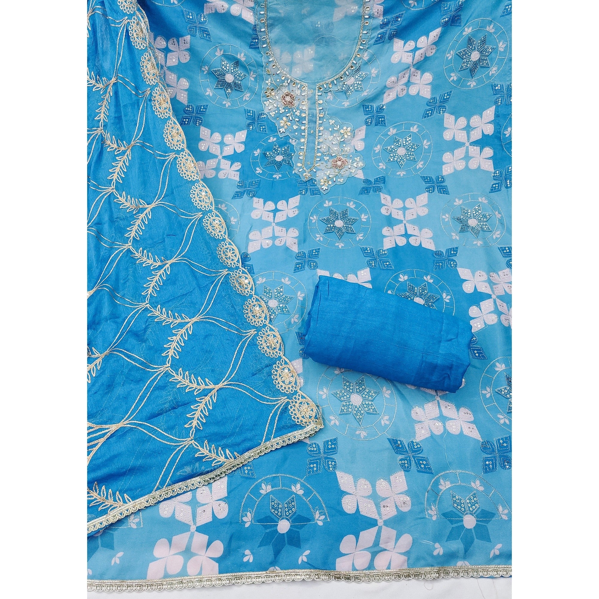 Elegant Blue Sequins Embroidered Cotton Silk Dress Material With Digital Print & Moti Handwork - Image 2