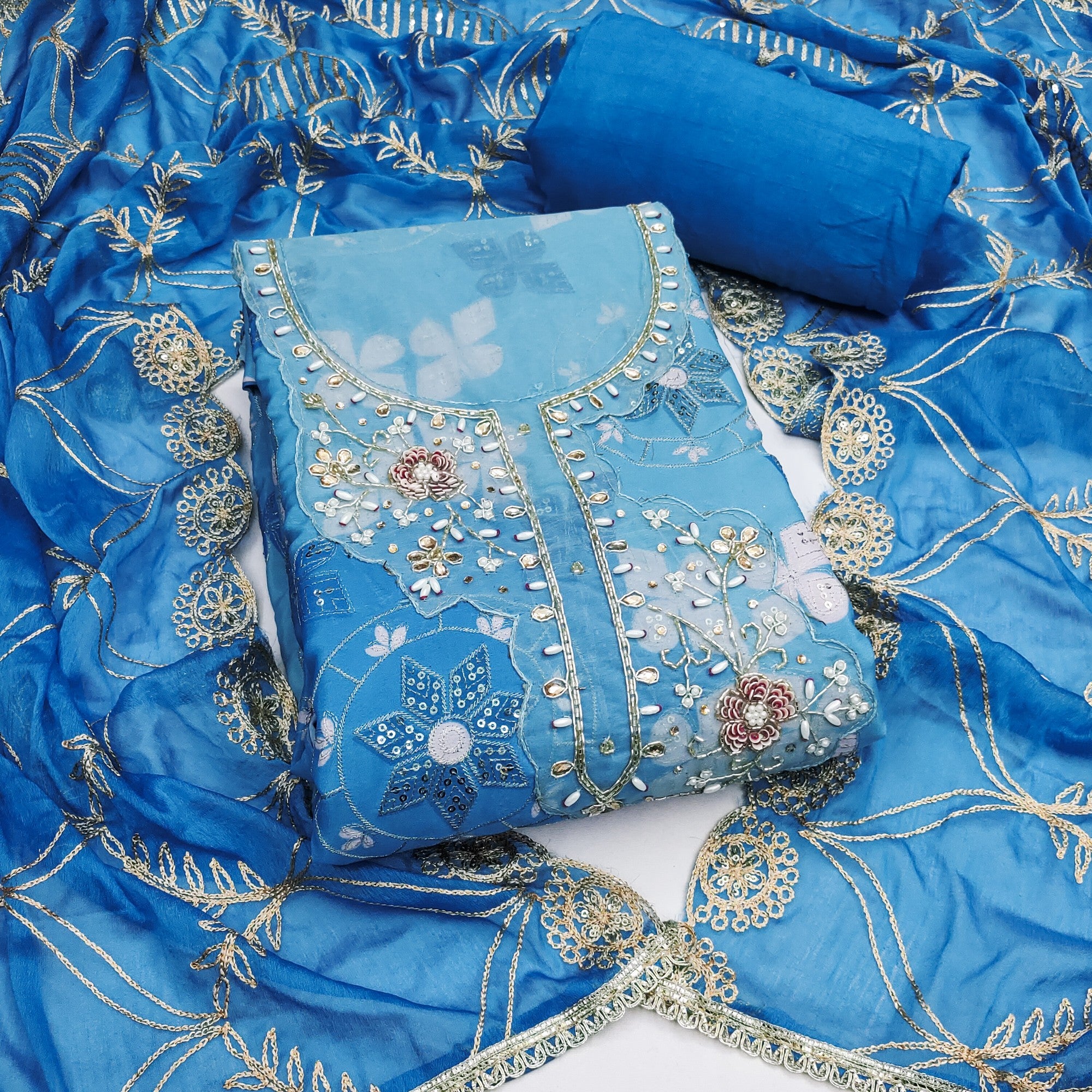 Elegant Blue Sequins Embroidered Cotton Silk Dress Material With Digital Print & Moti Handwork - Image 1