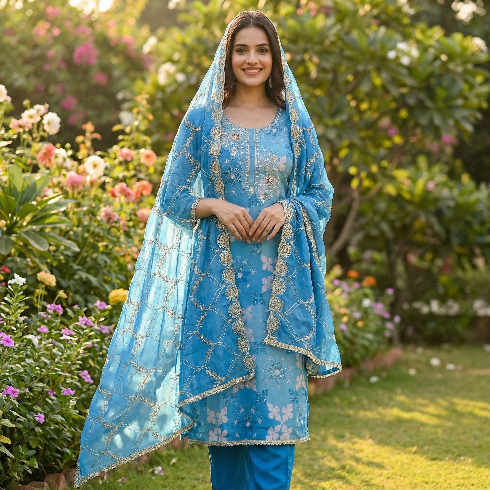 Elegant Blue Sequins Embroidered Cotton Silk Dress Material With Digital Print & Moti Handwork - Image 2