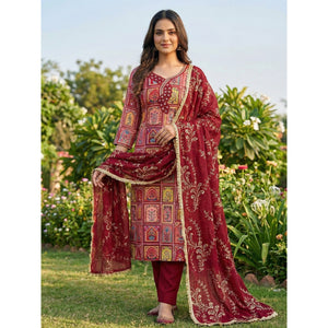 Elegant Maroon Floral Embroidered Viscose Dress Material Adorned With Sequins & Moti Handwork - Image 2