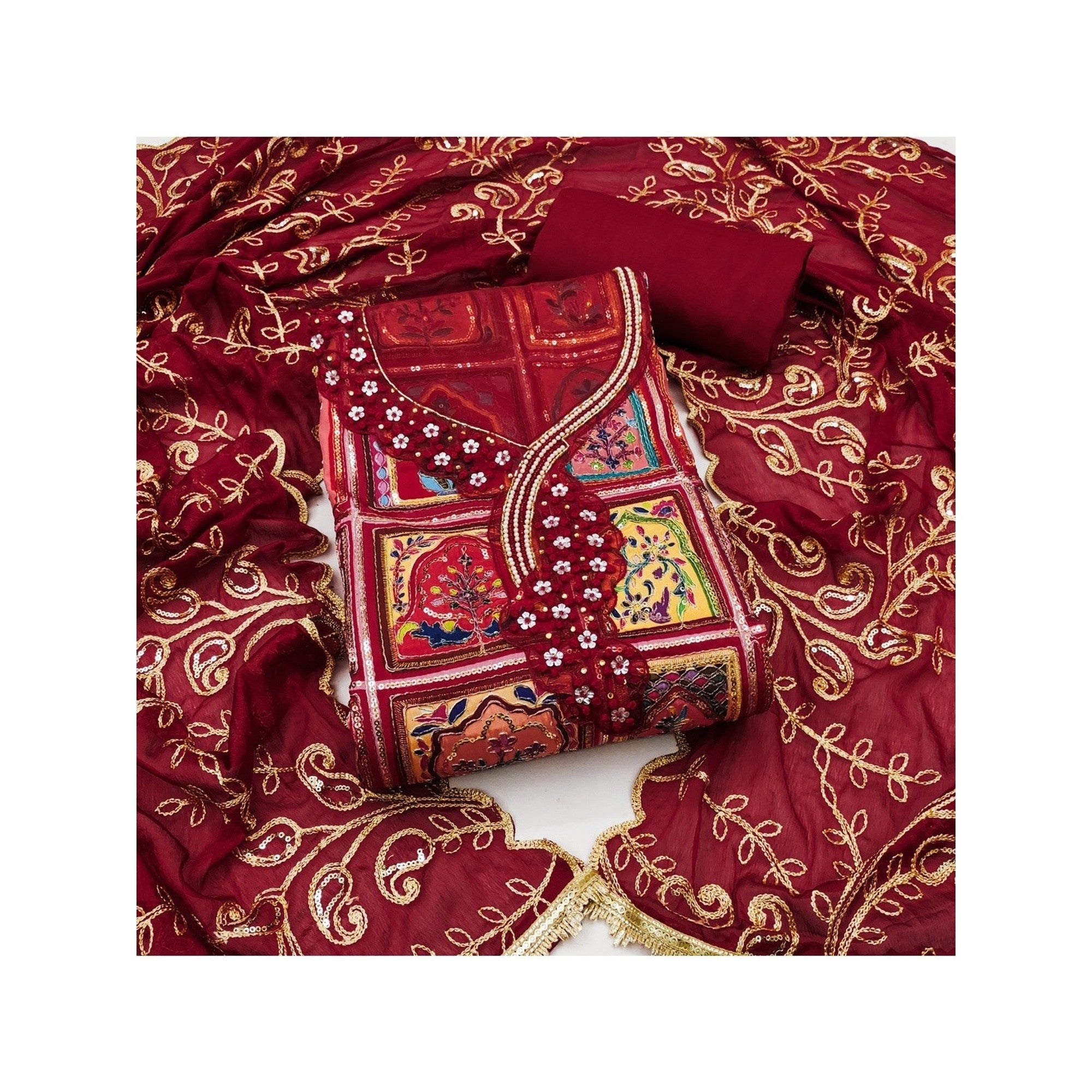 Elegant Maroon Floral Embroidered Viscose Dress Material Adorned With Sequins & Moti Handwork - Image 4