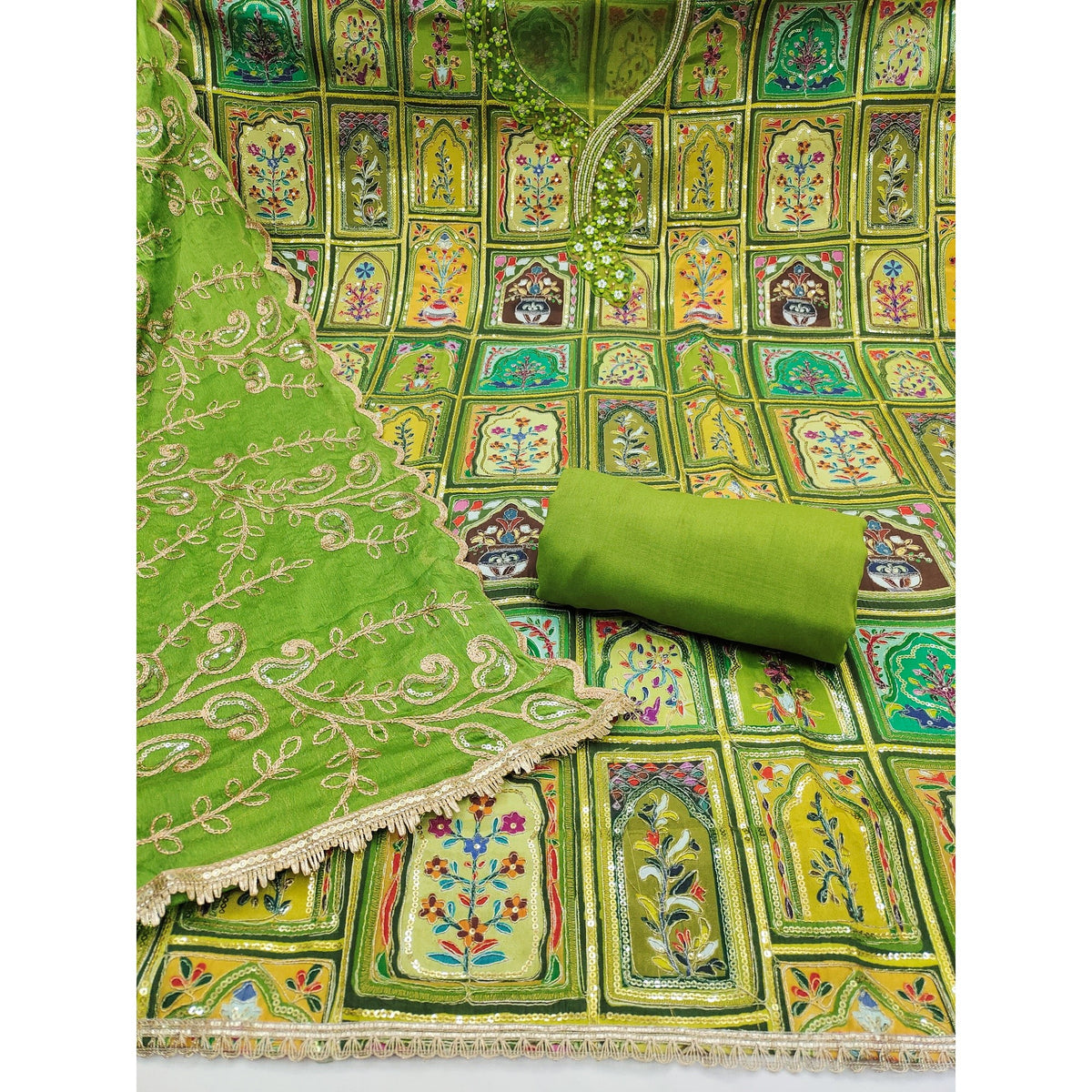 Elegant Green Floral Embroidered Viscose Dress Material Adorned With Sequins & Moti Handwork - Image 4