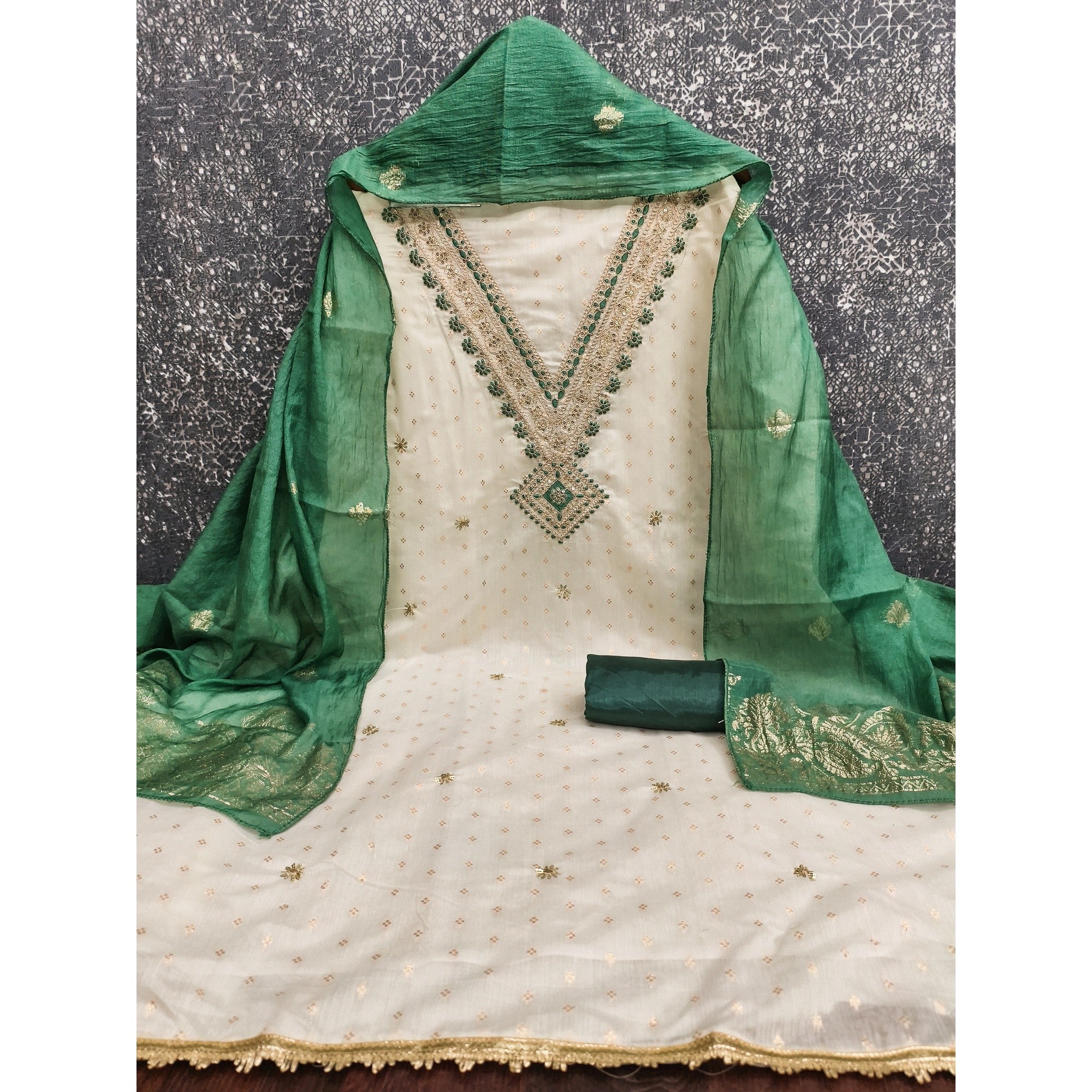 Elegant Cream & Green Butti Chanderi Silk Dress Material With Cording & Sequins Embroidery Work - Image 3