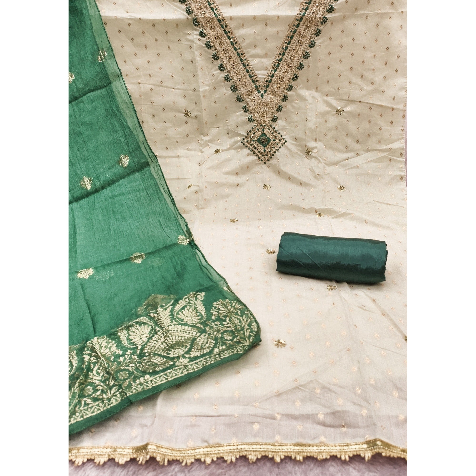 Elegant Cream & Green Butti Chanderi Silk Dress Material With Cording & Sequins Embroidery Work - Image 4