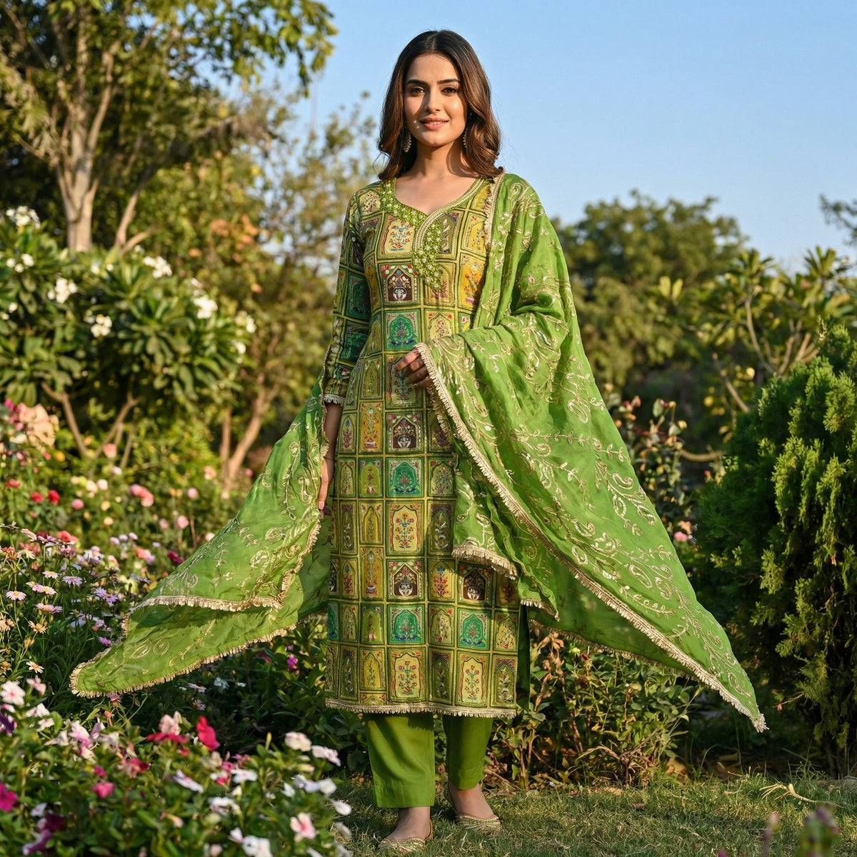 Elegant Green Floral Embroidered Viscose Dress Material Adorned With Sequins & Moti Handwork - Image 1
