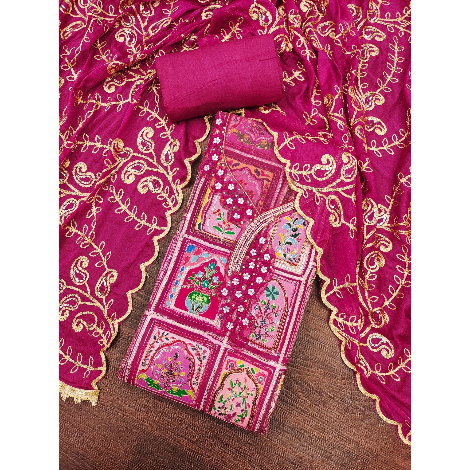 Elegant Pink Floral Embroidered Viscose Dress Material Adorned With Sequins & Moti Handwork - Image 3